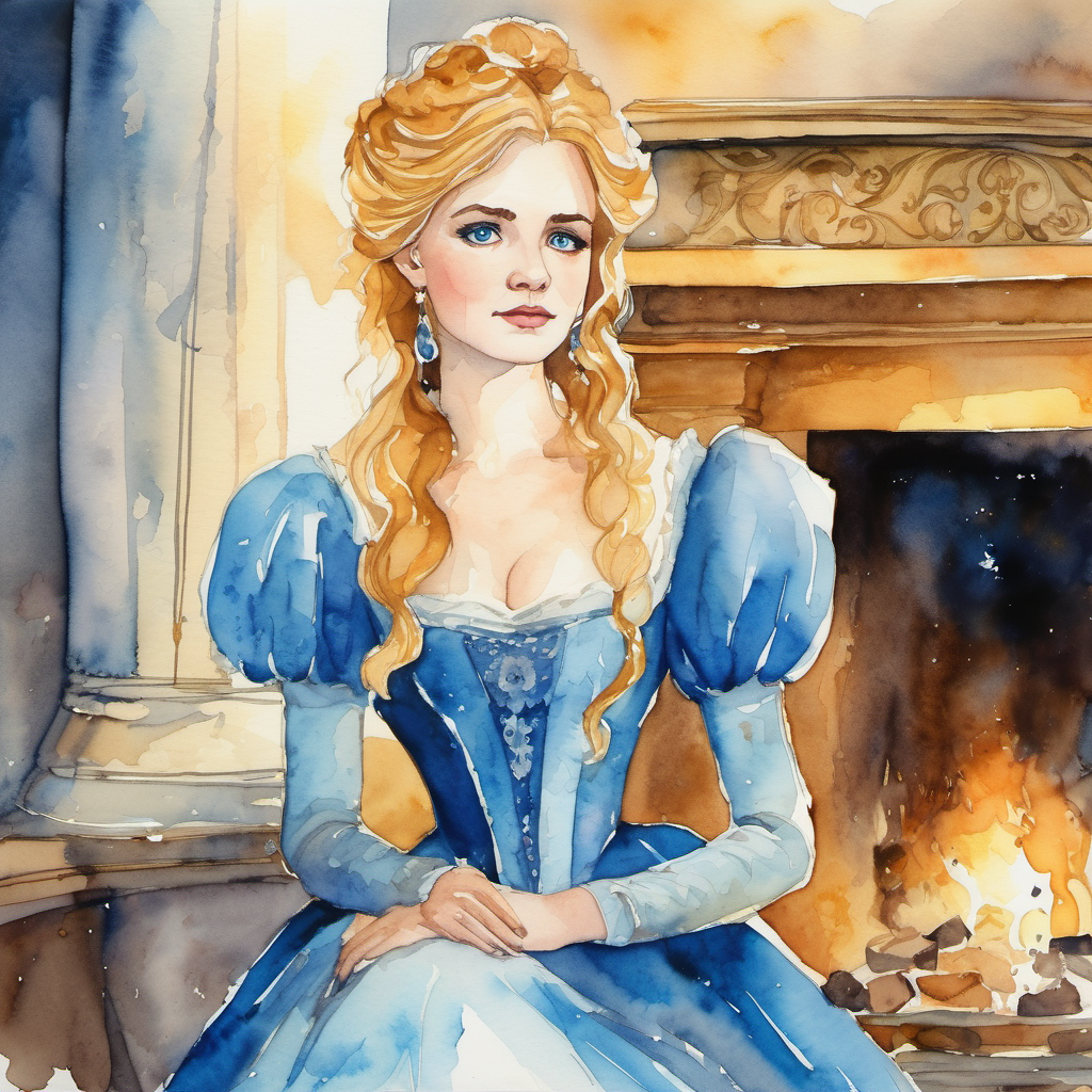 Golden hair, sparkling blue eyes, kind-hearted, surrounded by ashes sitting by the fireplace, surrounded by ashes. Wicked woman, unkind to Cinderella, discontent expression and step-sisters looking discontent.