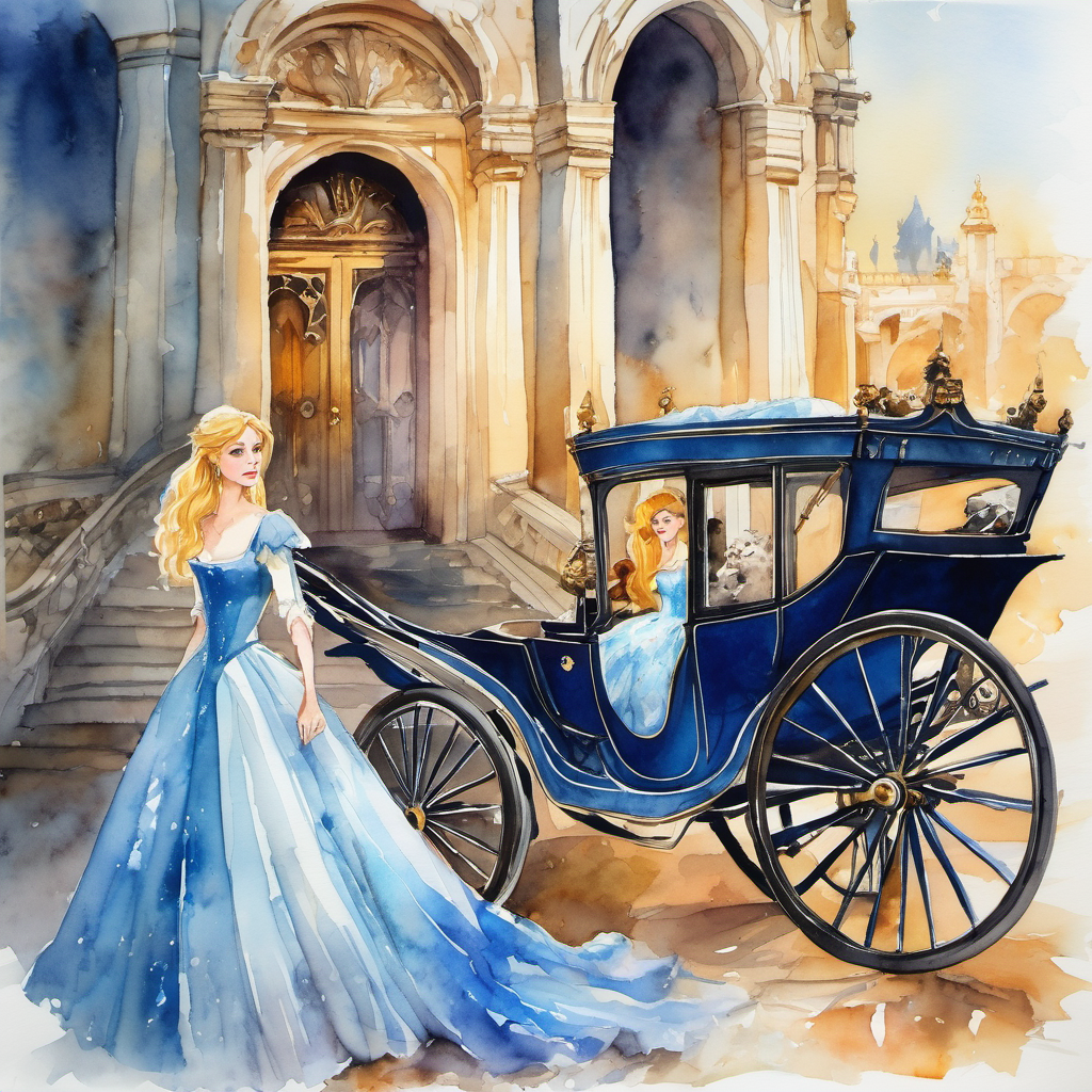 Wicked woman, unkind to Cinderella, discontent expression and step-sisters leaving in a carriage. Golden hair, sparkling blue eyes, kind-hearted, surrounded by ashes looking sad near the palace gate.