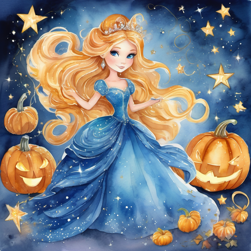 Gown made of sparkling stars, wand with a diamond, magical appearance with a sparkling gown and wand. Pumpkin transforming into a carriage with mice turning into horses. Golden hair, sparkling blue eyes, kind-hearted, surrounded by ashes in her transformed ballgown.