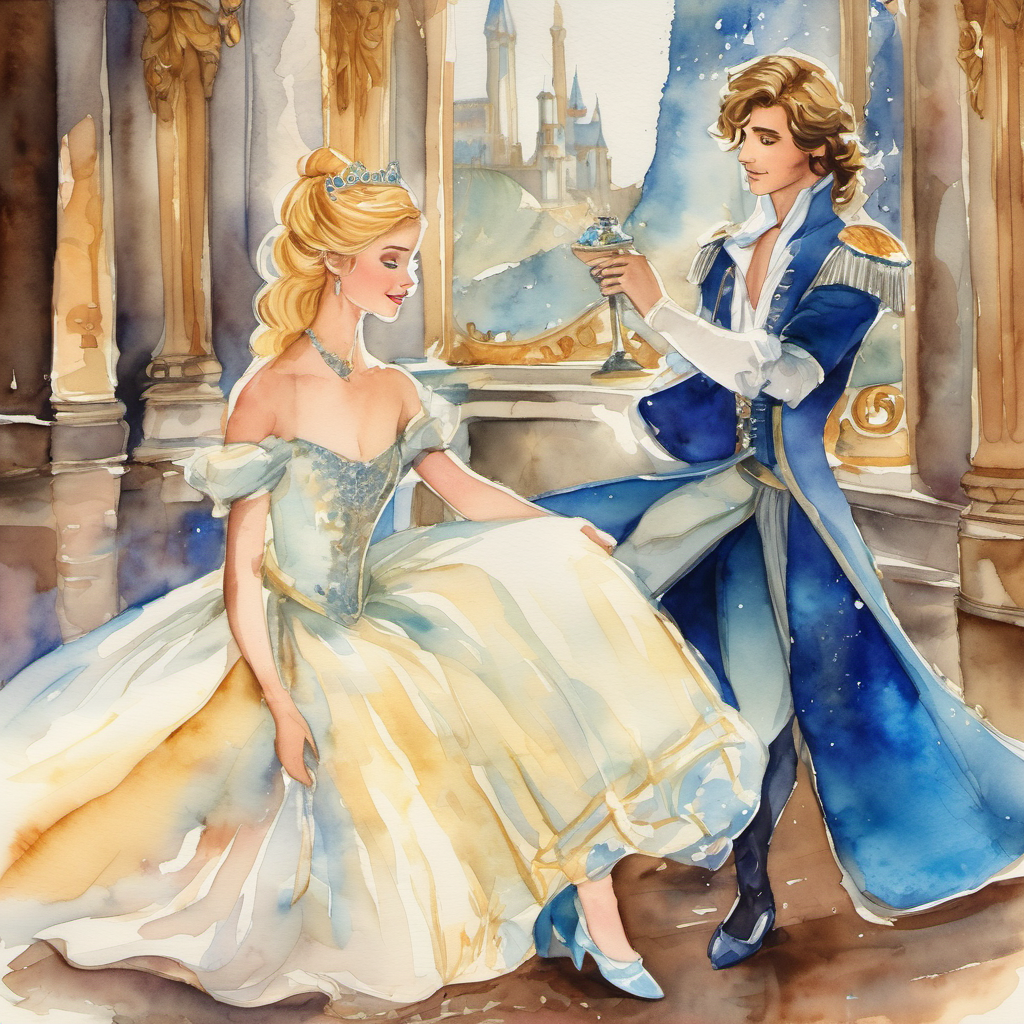 Golden hair, sparkling blue eyes, kind-hearted, surrounded by ashes rushing out of the ballroom. Charming prince, impressed by Cinderella's beauty, holding the glass slipper holding the glass slipper.