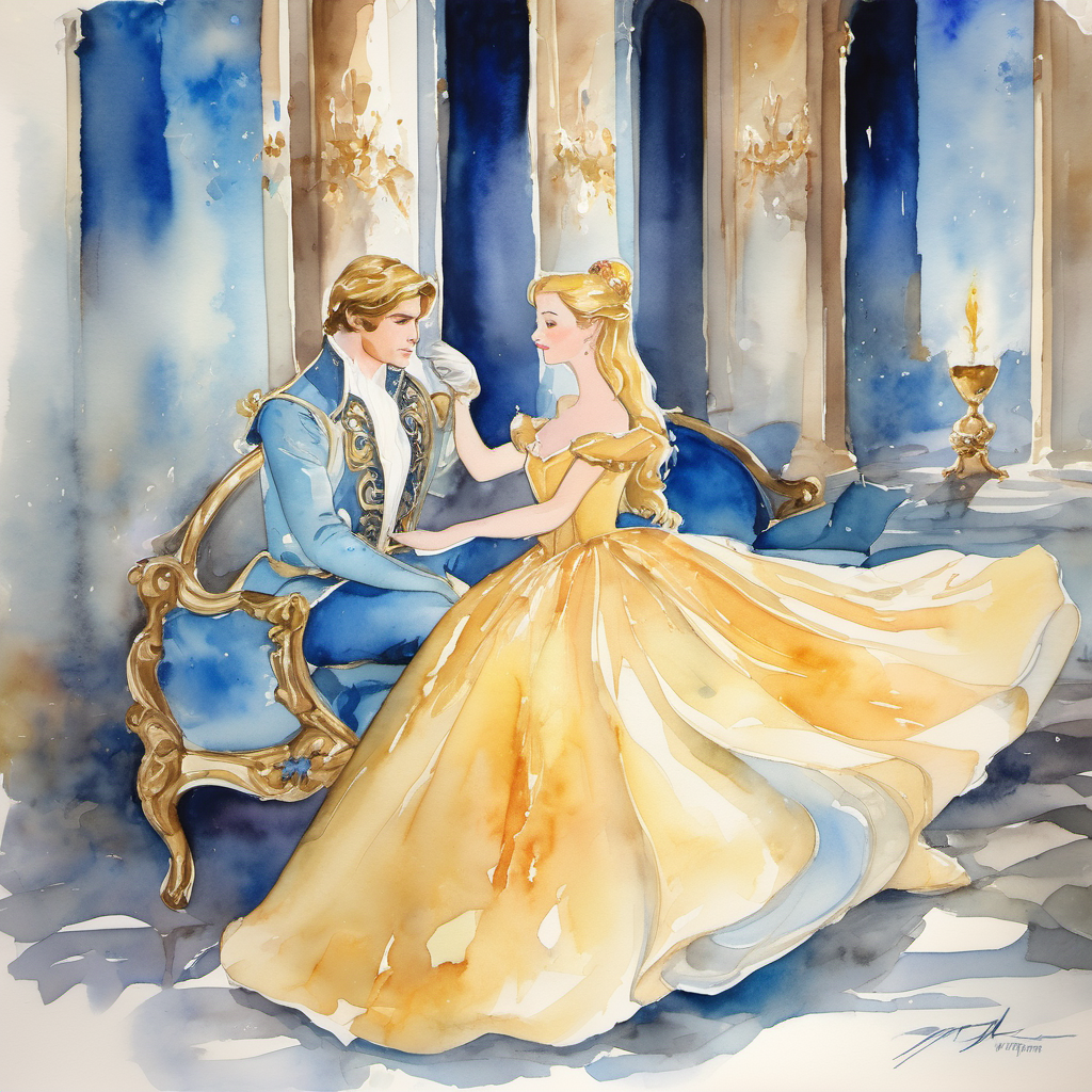 Charming prince, impressed by Cinderella's beauty, holding the glass slipper kneeling before Golden hair, sparkling blue eyes, kind-hearted, surrounded by ashes, putting the glass slipper on her foot. Golden hair, sparkling blue eyes, kind-hearted, surrounded by ashes saying yes.