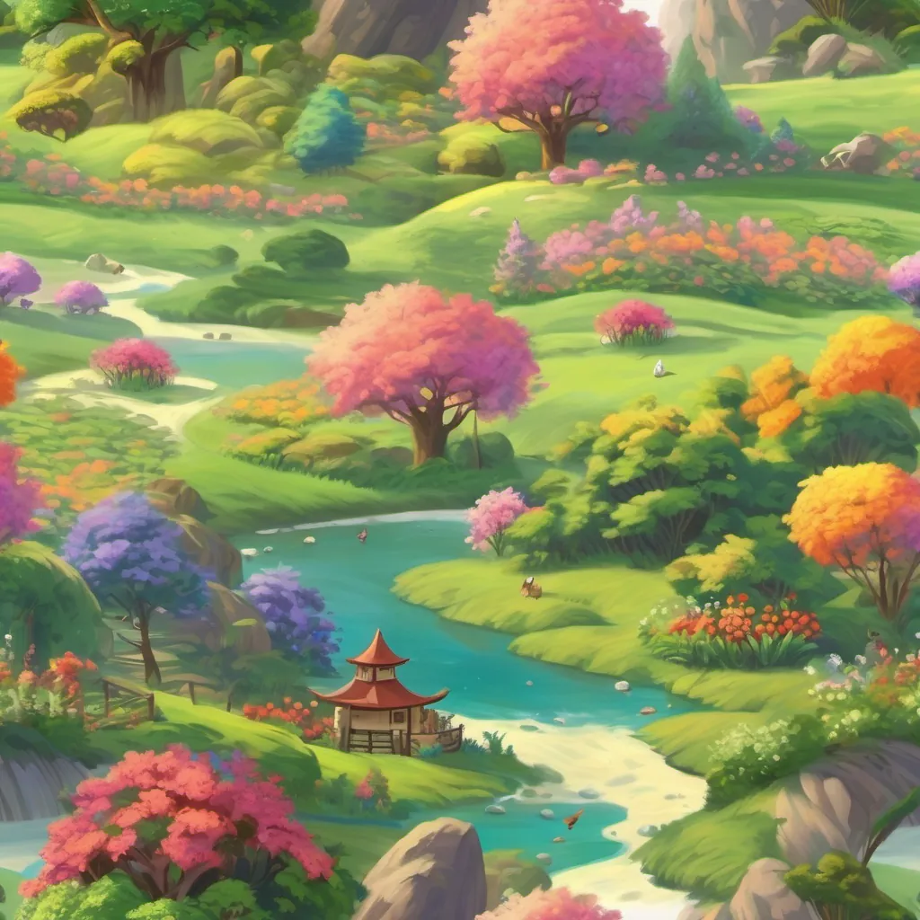 A sunlit valley with colorful animals gathering joyfully, surrounded by lush greenery and flowers.