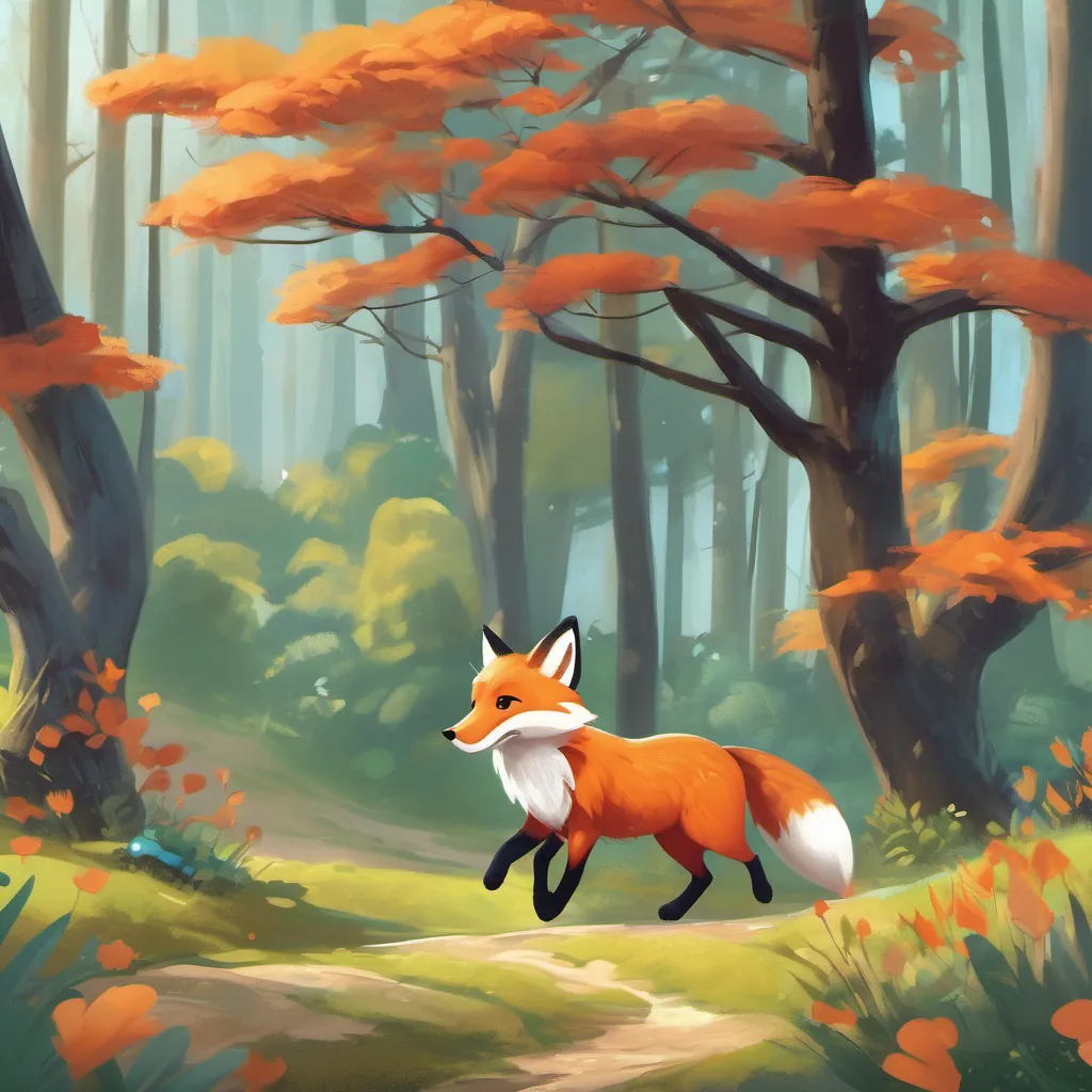 A playful fox with bright orange fur and a cheeky grin, prancing around amid playful woodland settings.