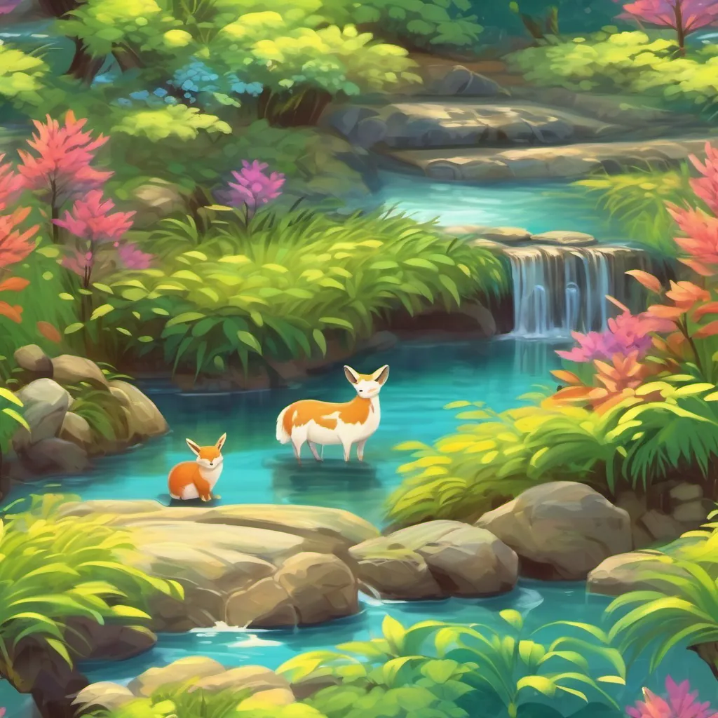 A glistening creek with vibrant surroundings where animals gather joyfully, sealing their bond with nature.