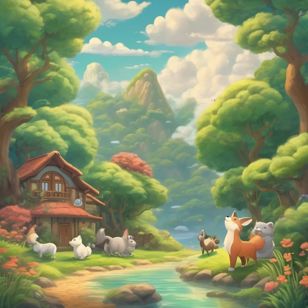 A tranquil setting with fluffy clouds and happy animals, encapsulating the theme of unity and cooperation.