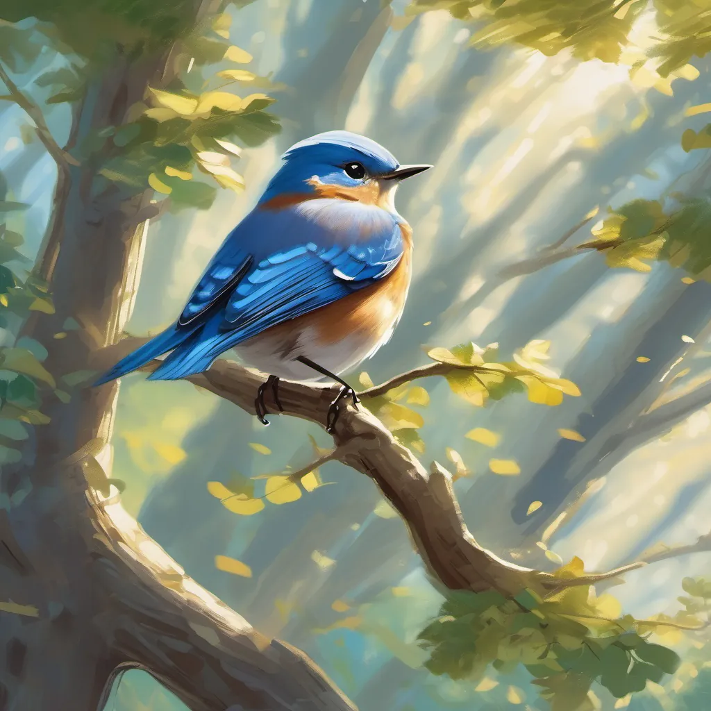 A graceful bluebird perched on an oak tree, singing with musical notes floating around in a sunlit forest.