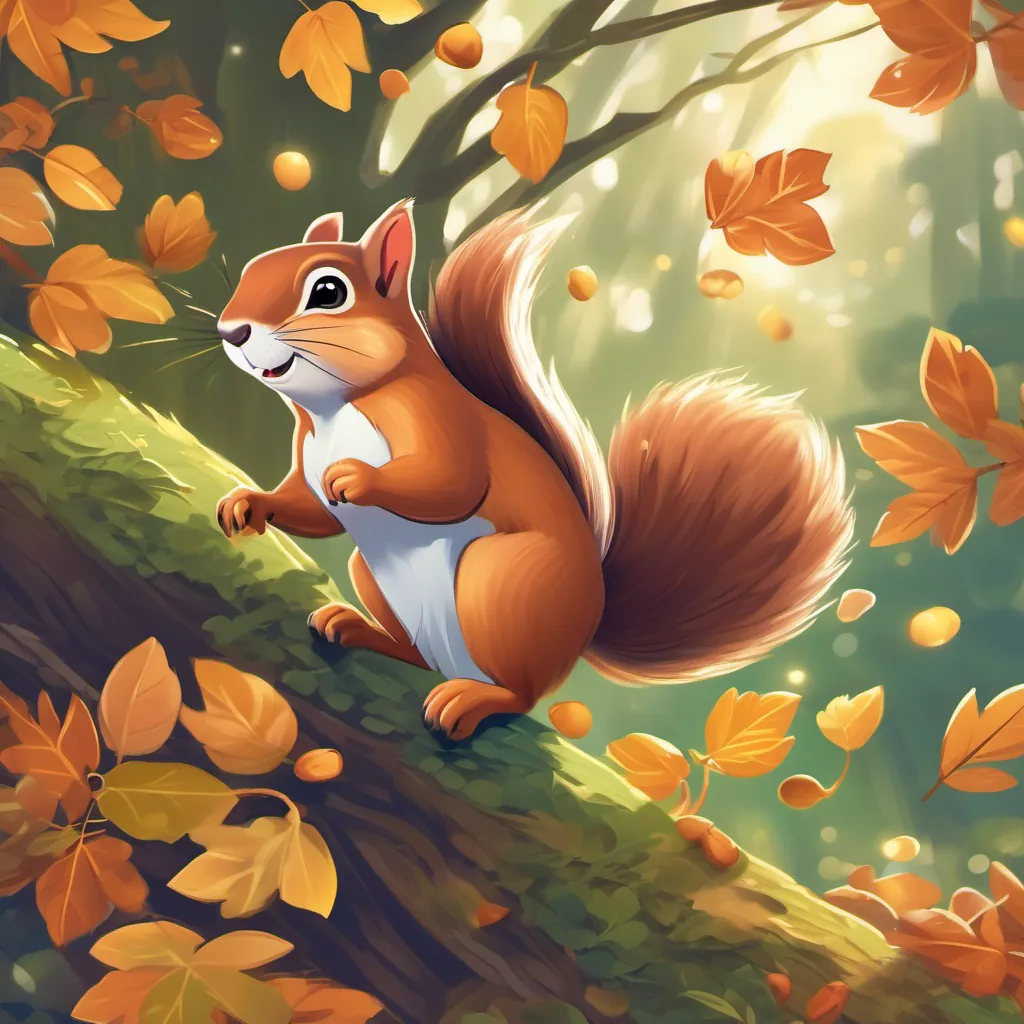 A lively squirrel with bushy tail climbing up and down trees quickly, clutching acorns amidst scattered leaves.