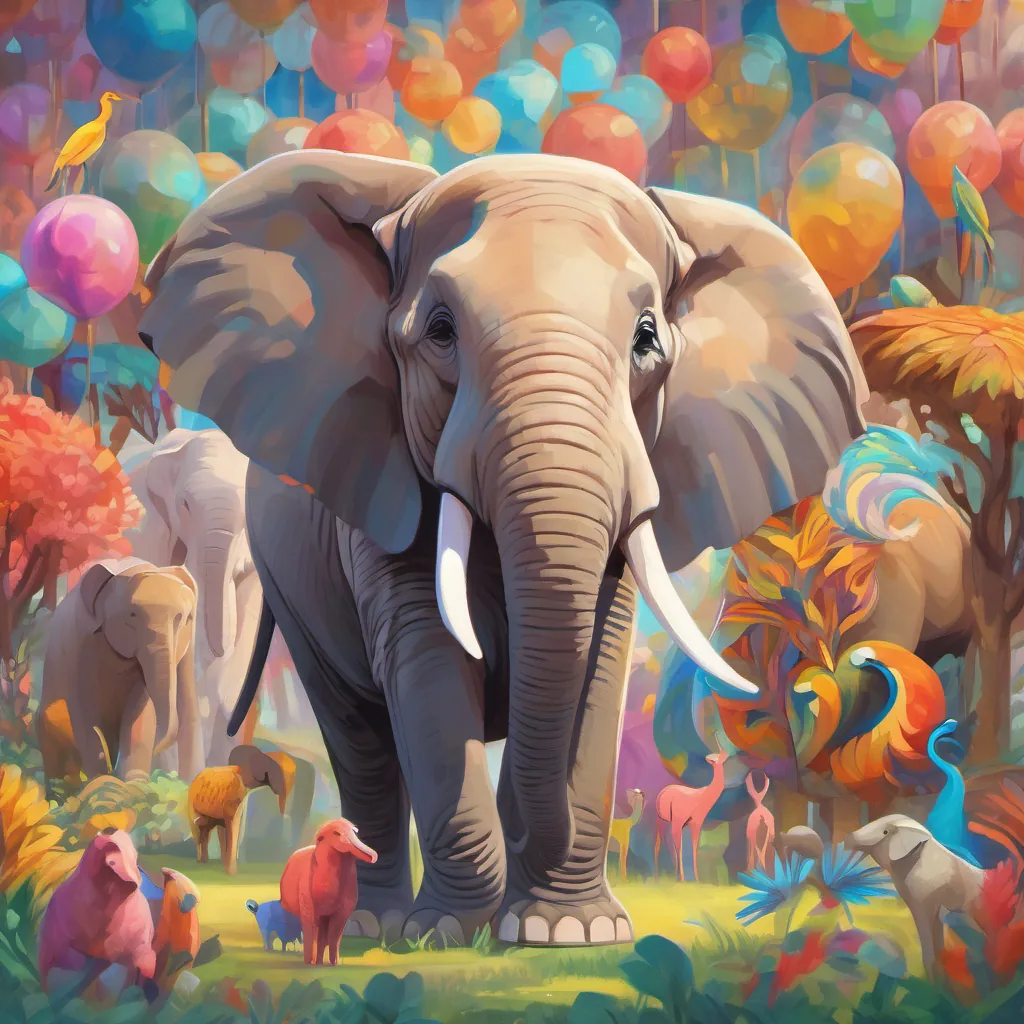 A wise elephant standing among a group of colorful animals, with her trunk raised, a gentle yet urgent look on her face.