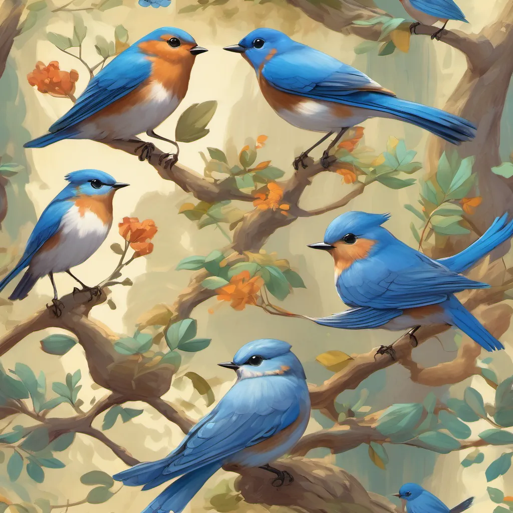 An enthusiastic bluebird rallying animals of all kinds, showing camaraderie and eagerness to help each other.