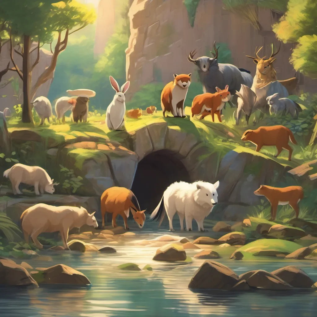 A bustling scene of animals working together, each with unique roles, as they construct a makeshift dam by the river.