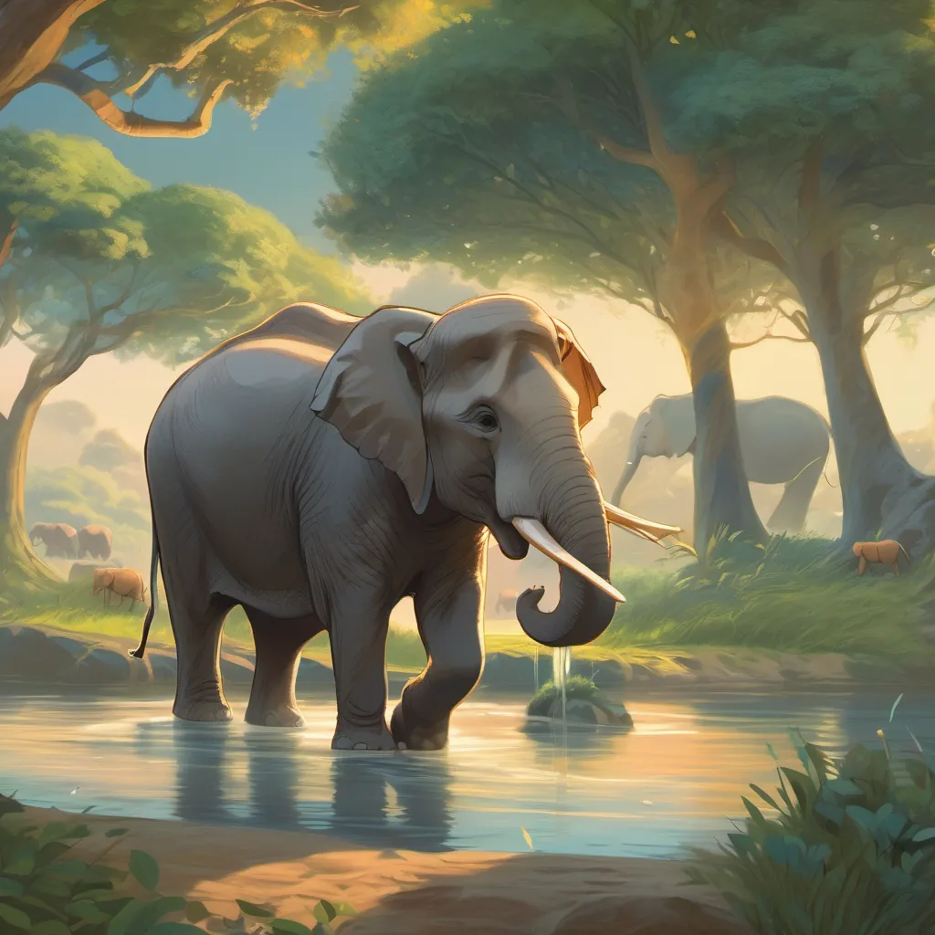 An elephant using her trunk to lift and place branches at the river's edge, with collaborative animals around.