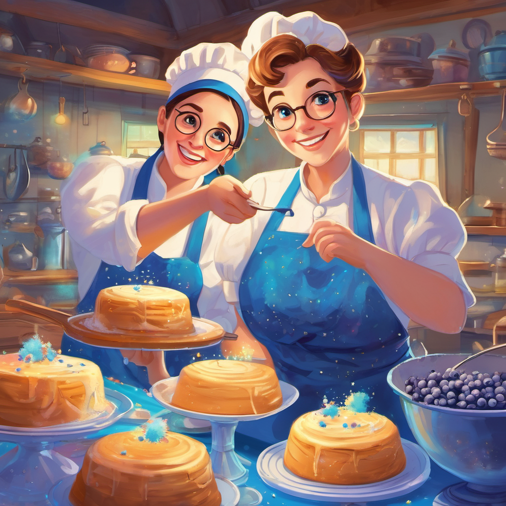 With renewed determination, the two bakers began mixing their cake batter. Betty carefully folded in the enchanted sprinkles while Benny added the magical blueberries. As they worked together, they started to notice something amazing happening. The batter began to change colors, swirling with shades of blue and sparkling with specks of magical stardust. It was like nothing they had ever seen before! Working side by side, Betty and Benny baked the cake in Betty's oven. As they anxiously waited for it to bake, they couldn't help but feel a sense of excitement. Maybe their mishap wasn't such a terrible thing after all. Perhaps their collaboration would result in something completely unexpected and delightful.