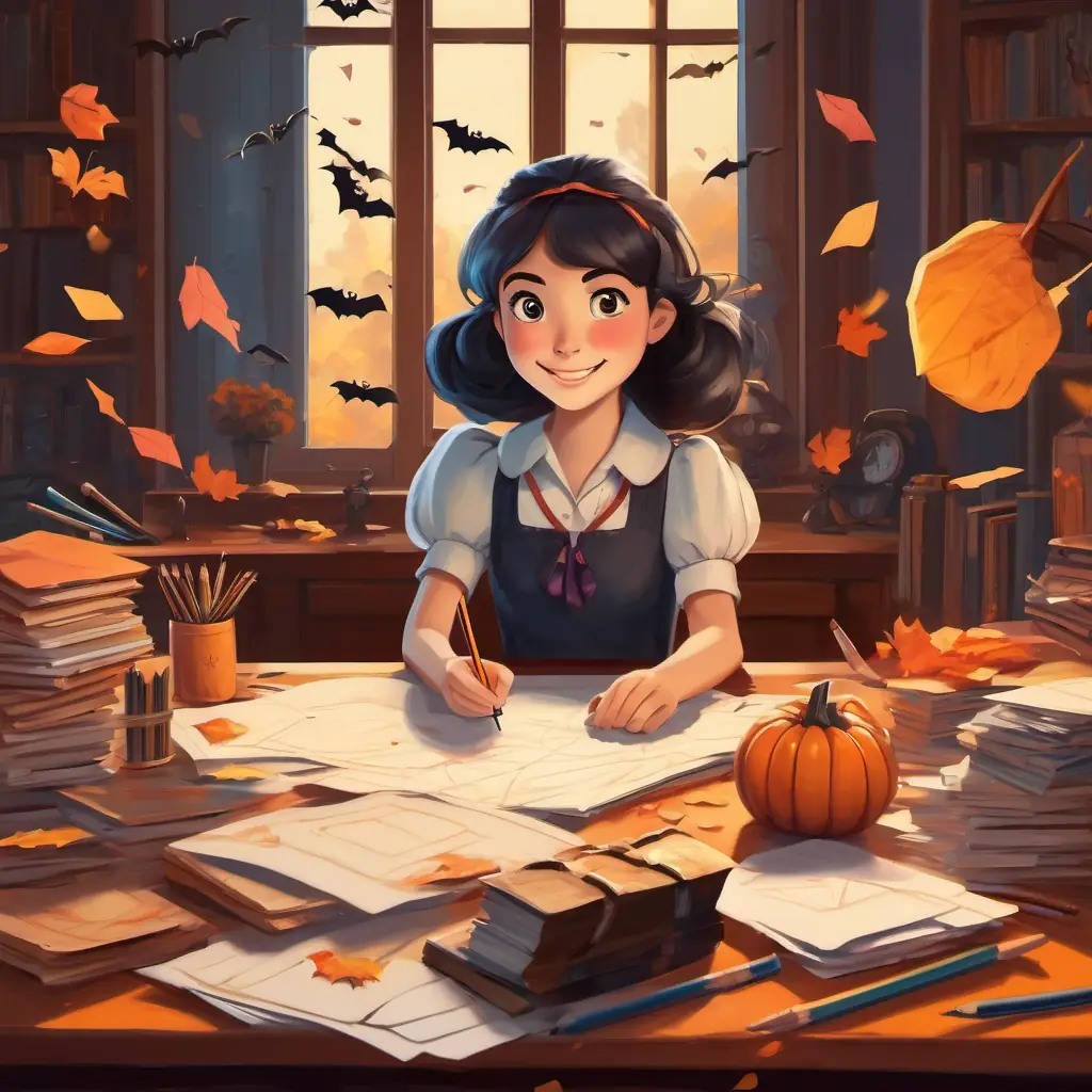 Lucy sitting at her desk, surrounded by paper and pencils, with a big smile on her face