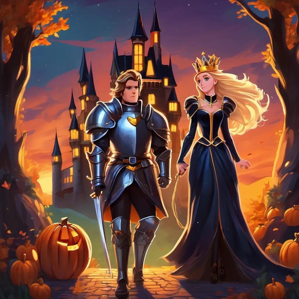 Brave knight with shiny armor and a golden crown and Beautiful princess with long flowing hair and a sparkling tiara standing in front of their castle, looking scared and sad, while the wicked witch sneaks away