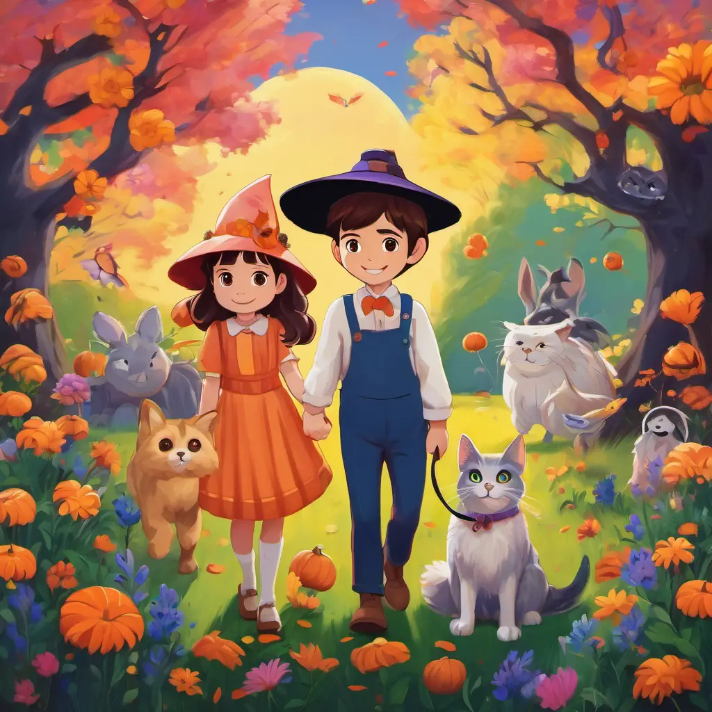 Lucy's characters standing together, holding hands and smiling, surrounded by colorful flowers and friendly animals