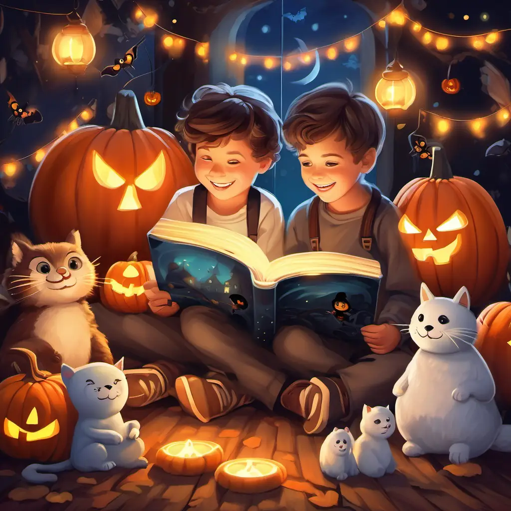 Children reading the storybook with big smiles on their faces, surrounded by stuffed animals and fairy lights