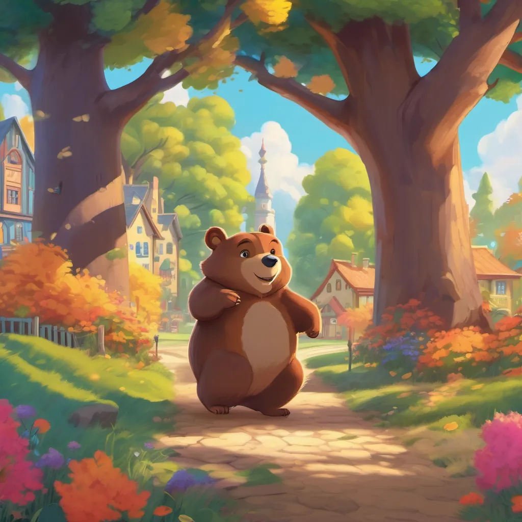 A vibrant cartoon town with colorful trees, a cheerful bear, and a quick squirrel against a warm sunlit background