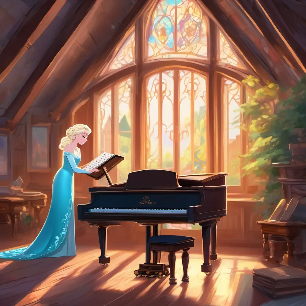 Elsa finds a piano in the attic of the castle. When she plays it, a magical melody fills the air. The piano is enchanted and can play any tune Elsa imagines.