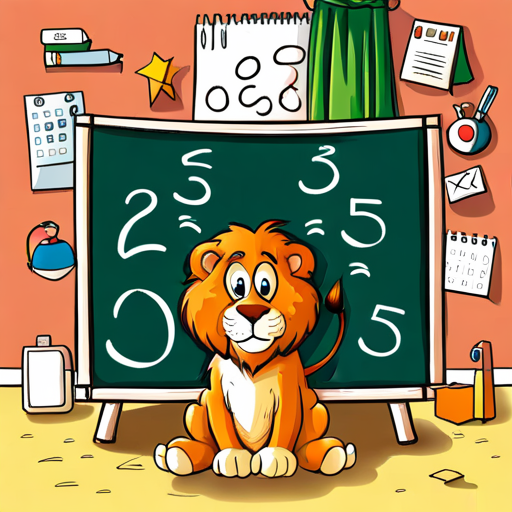 Leo the lion is sitting in front of a big chalkboard covered in numbers