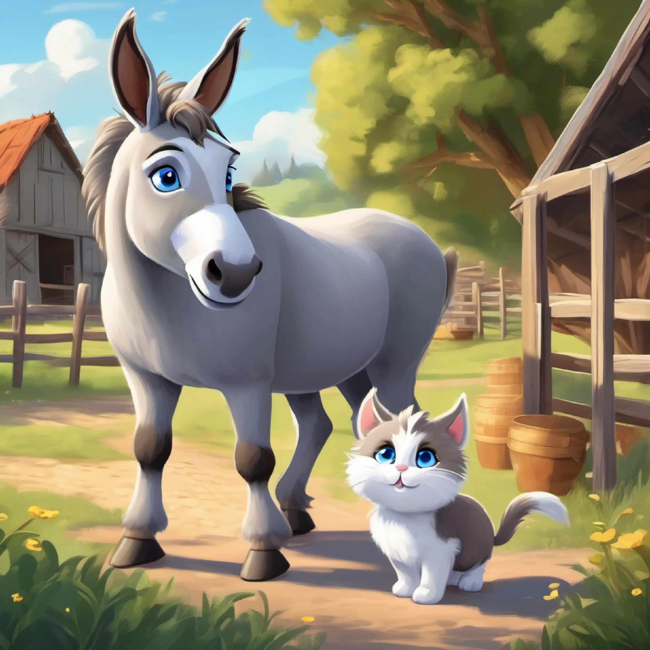 A gray donkey with long, floppy ears and kind brown eyes and A fluffy white cat with bright blue eyes and a playful spirit decide to visit the farm, starting in their home.