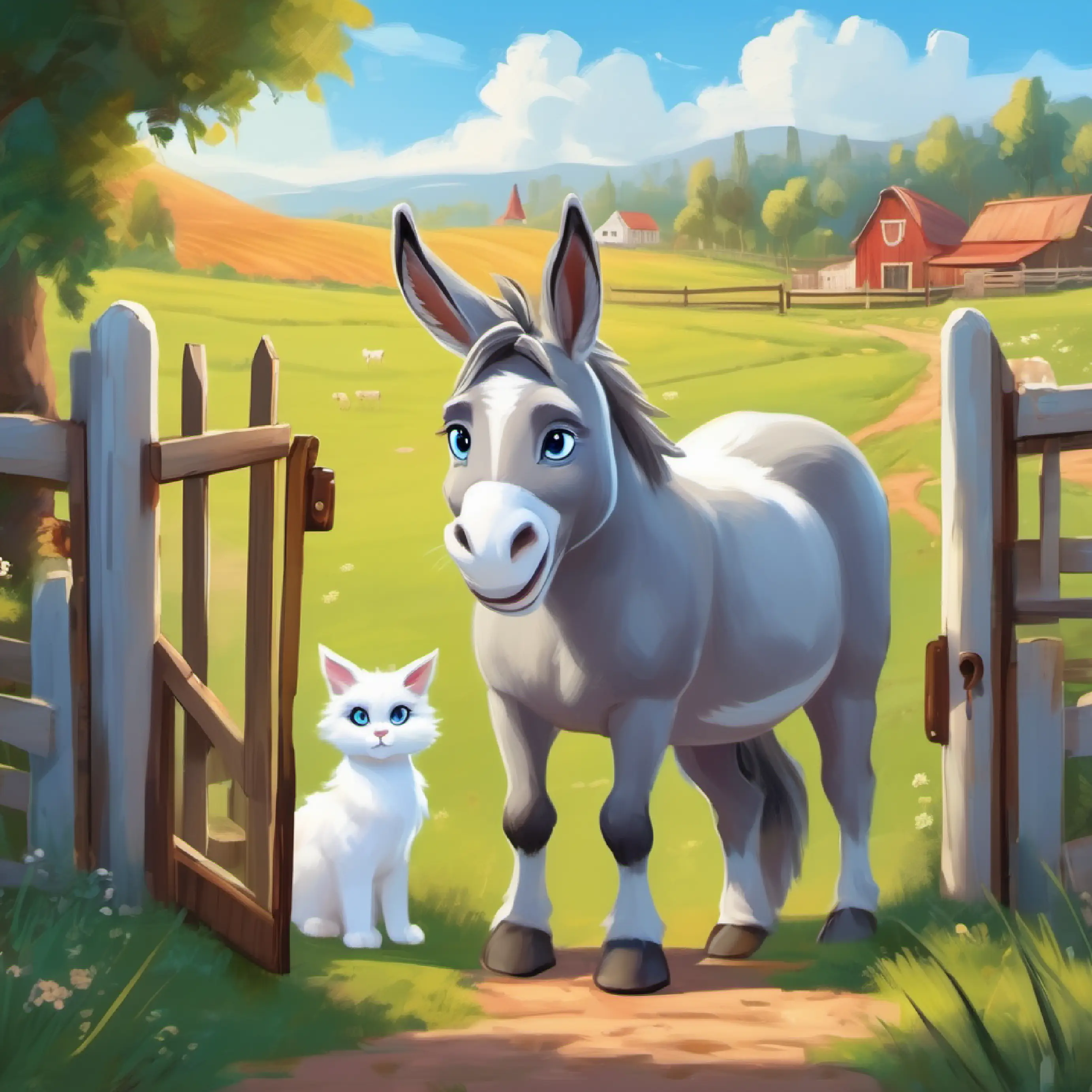 A gray donkey with long, floppy ears and kind brown eyes and A fluffy white cat with bright blue eyes and a playful spirit reach the farm gate, observe other farm animals.