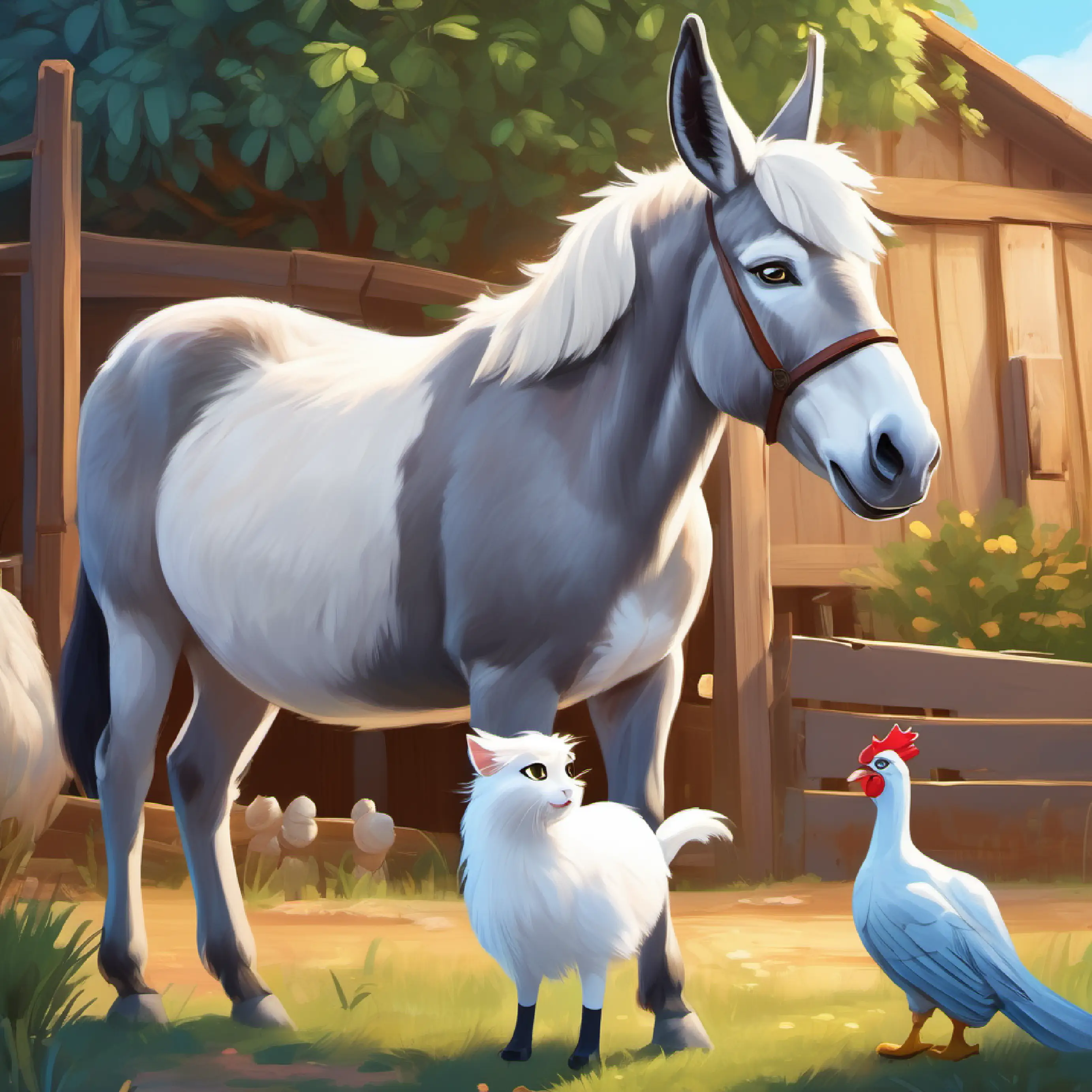 A gray donkey with long, floppy ears and kind brown eyes and A fluffy white cat with bright blue eyes and a playful spirit make friends with chickens at the coop.