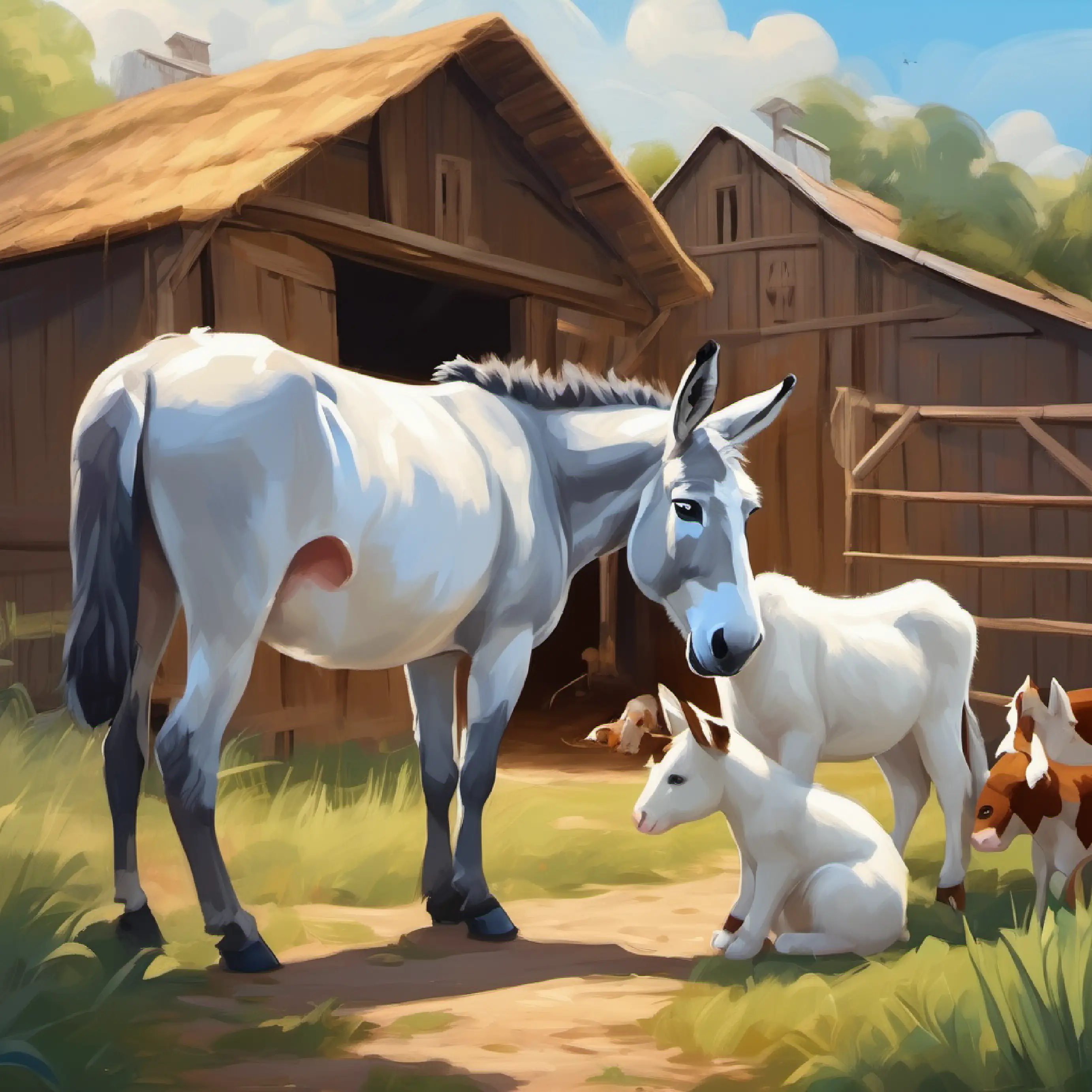 In the barn, A gray donkey with long, floppy ears and kind brown eyes and A fluffy white cat with bright blue eyes and a playful spirit befriend cows and learn about milking.