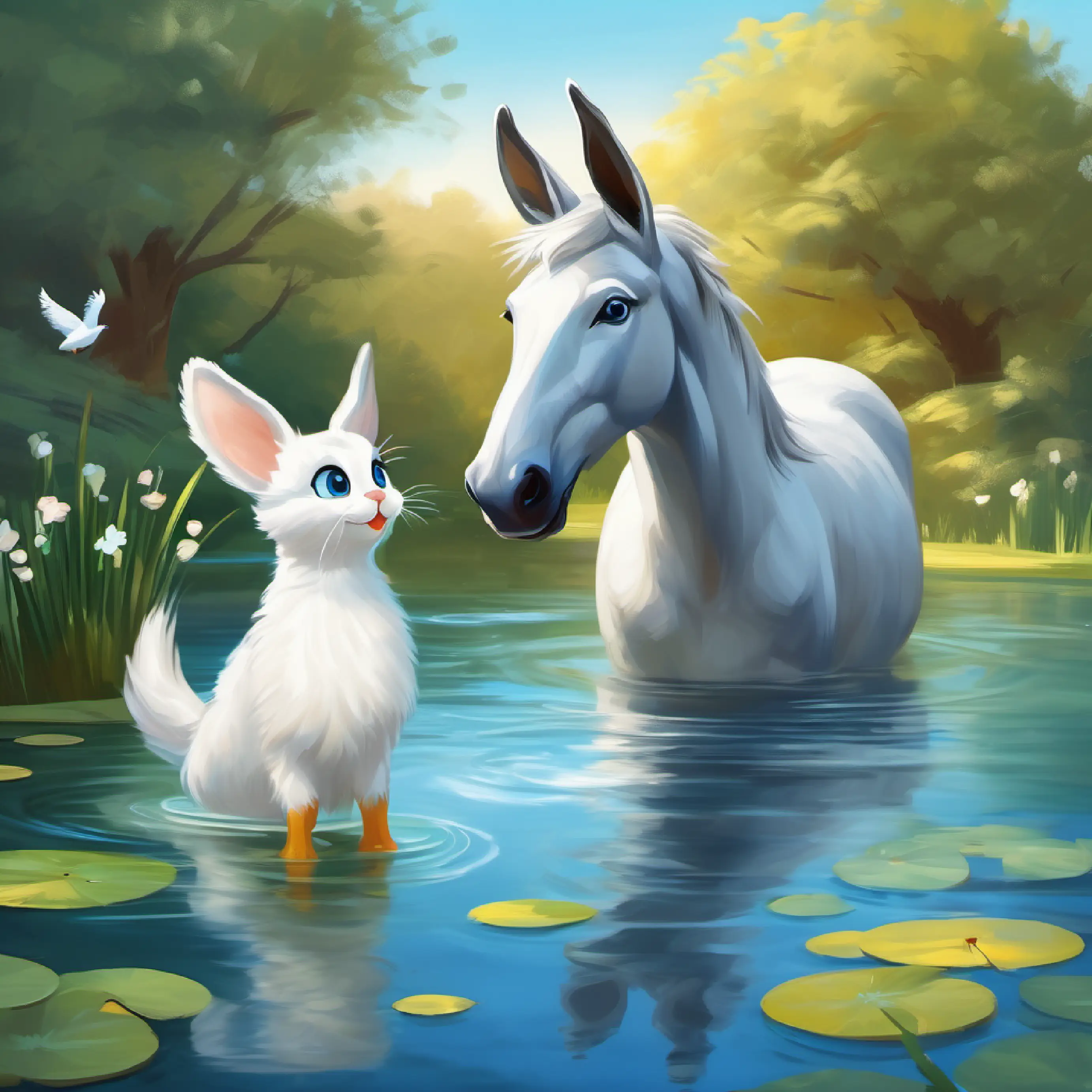 Ducks lead A gray donkey with long, floppy ears and kind brown eyes and A fluffy white cat with bright blue eyes and a playful spirit to the pond for a playful visit.