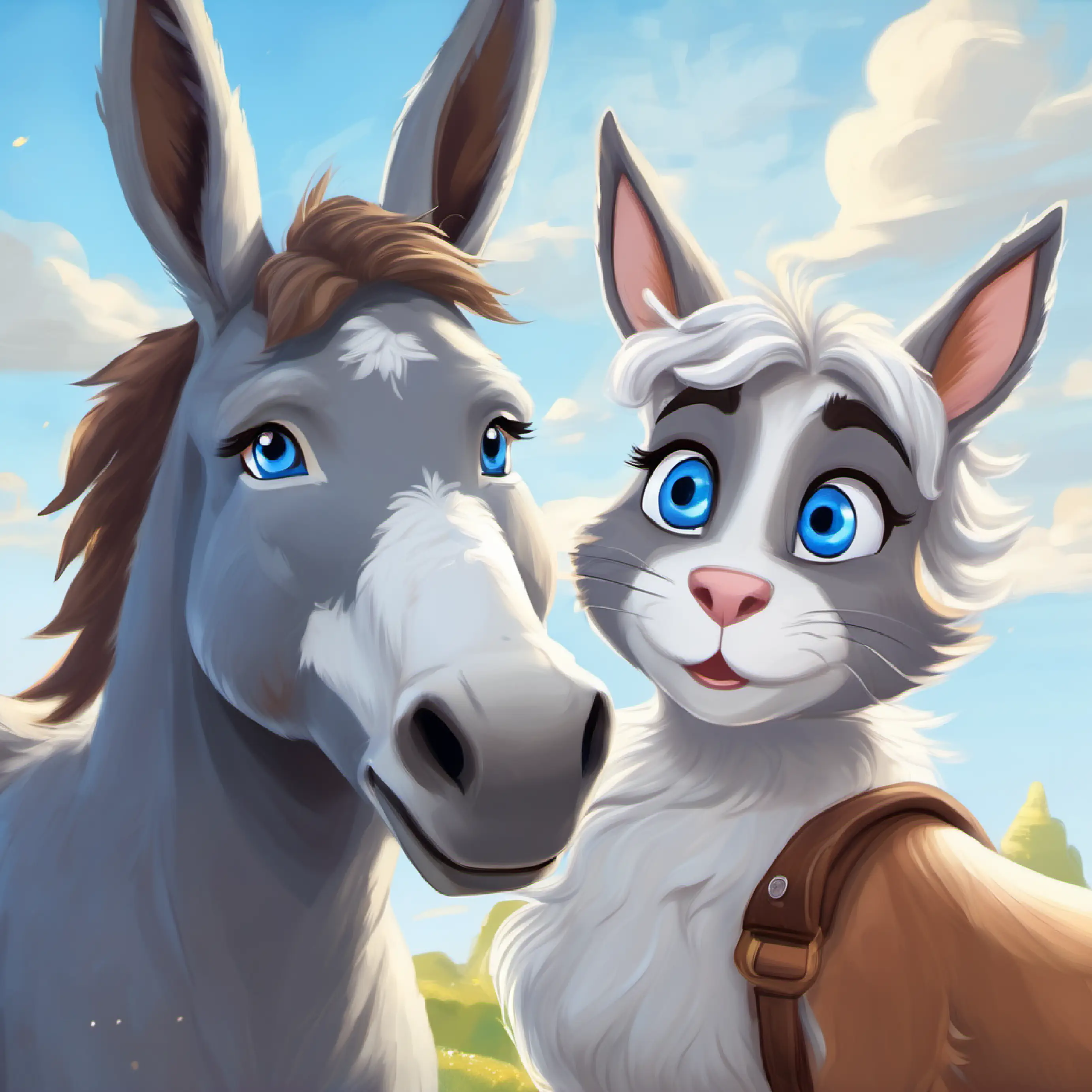 A gray donkey with long, floppy ears and kind brown eyes and A fluffy white cat with bright blue eyes and a playful spirit say farewell to their new friends, thinking of returning.