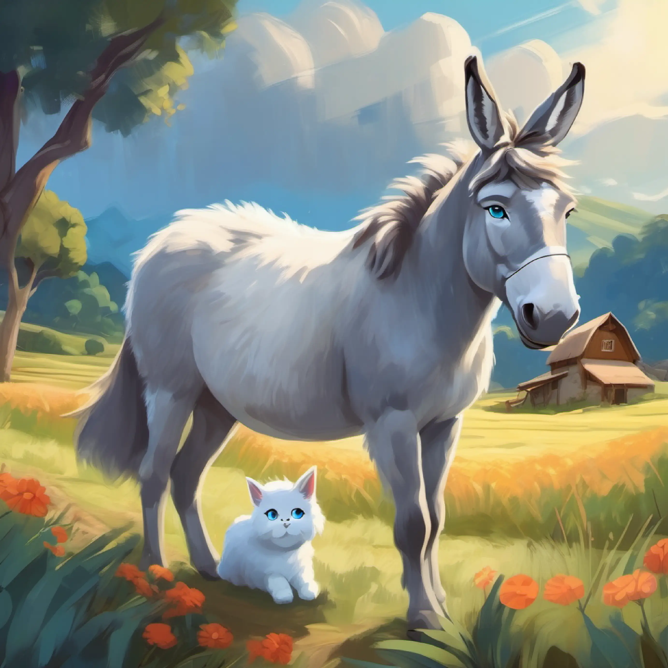 A gray donkey with long, floppy ears and kind brown eyes and A fluffy white cat with bright blue eyes and a playful spirit return home and go to sleep, dreaming of the farm.