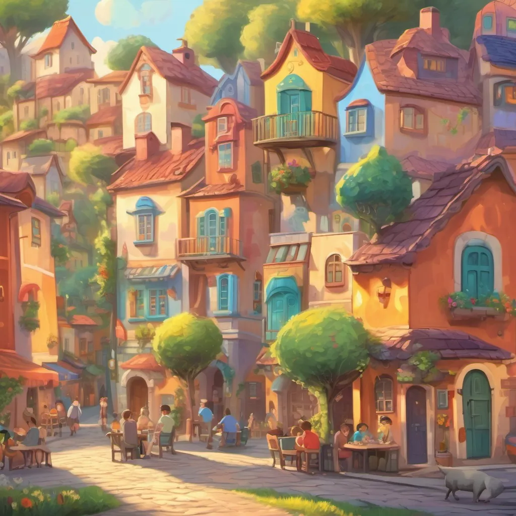 A whimsical cartoon town with colorful houses and a cheerful sun, people sitting outside with their heads down.