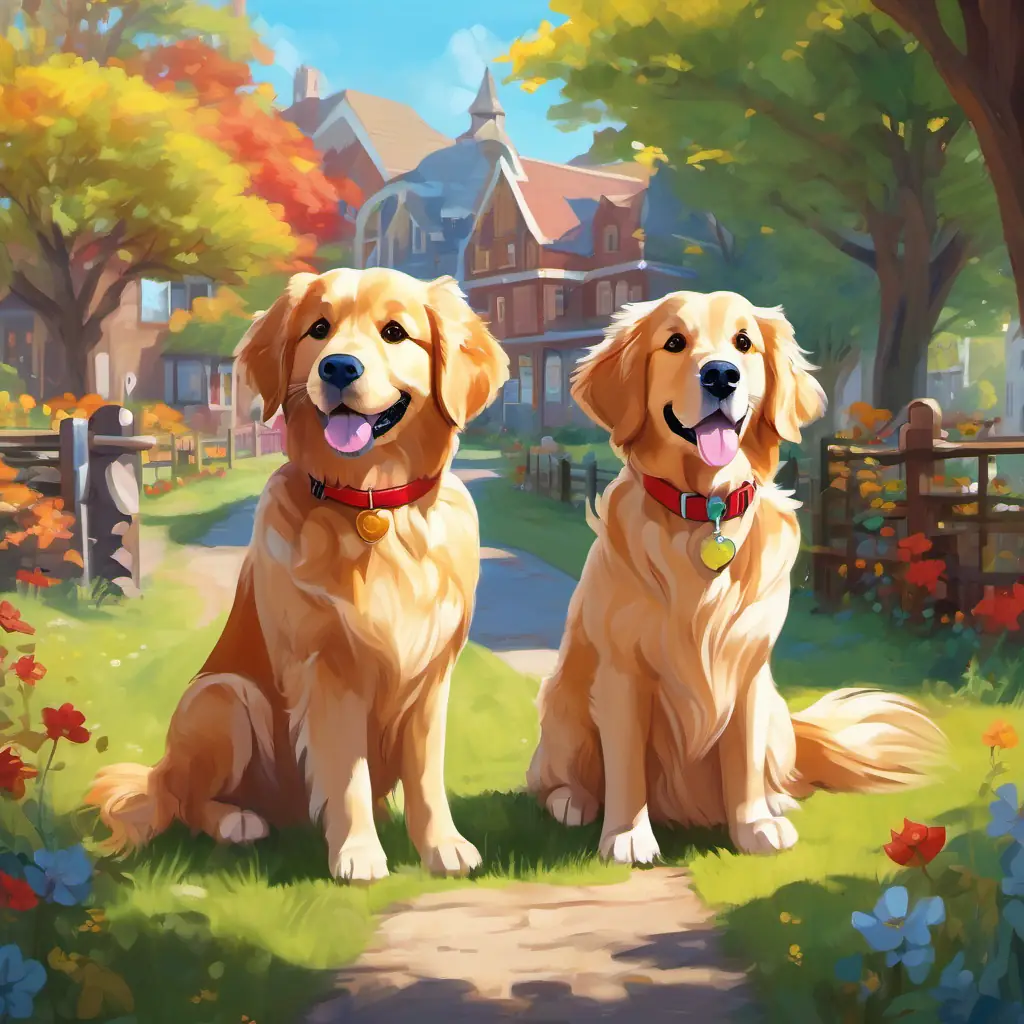 Golden retriever with brown spots, sparkling hazel eyes, and a red collar, a golden retriever with brown spots, happily exploring Rainbowville on a sunny day.