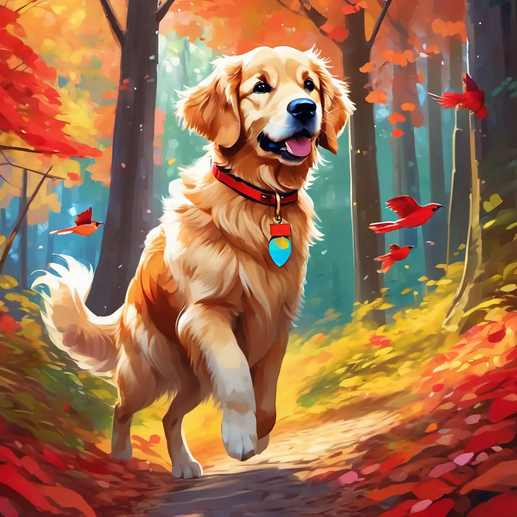 Golden retriever with brown spots, sparkling hazel eyes, and a red collar, wearing a red collar embarking on a journey through a colorful forest, trees filled with birds and squirrels.