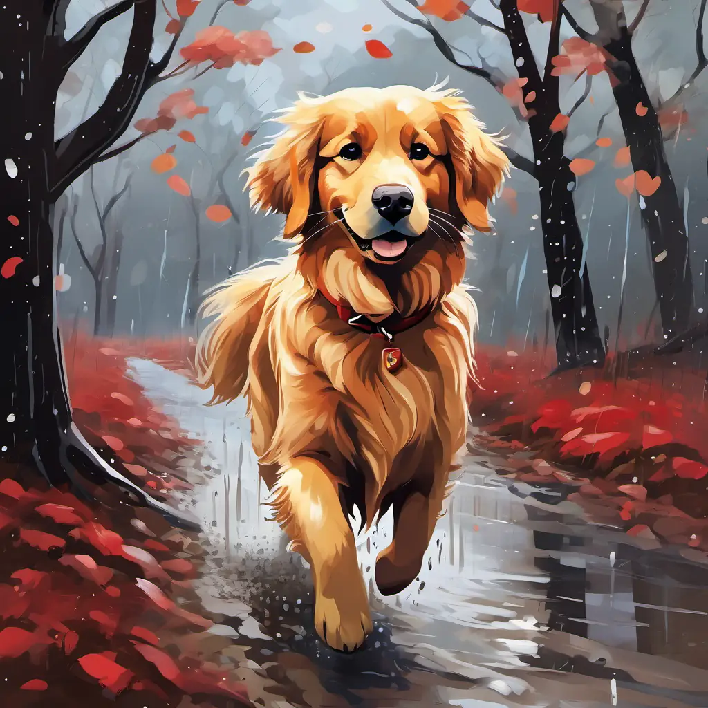 Golden retriever with brown spots, sparkling hazel eyes, and a red collar, soaked in rain, trudging through a muddy path with a determined expression, surrounded by dark clouds and trees.