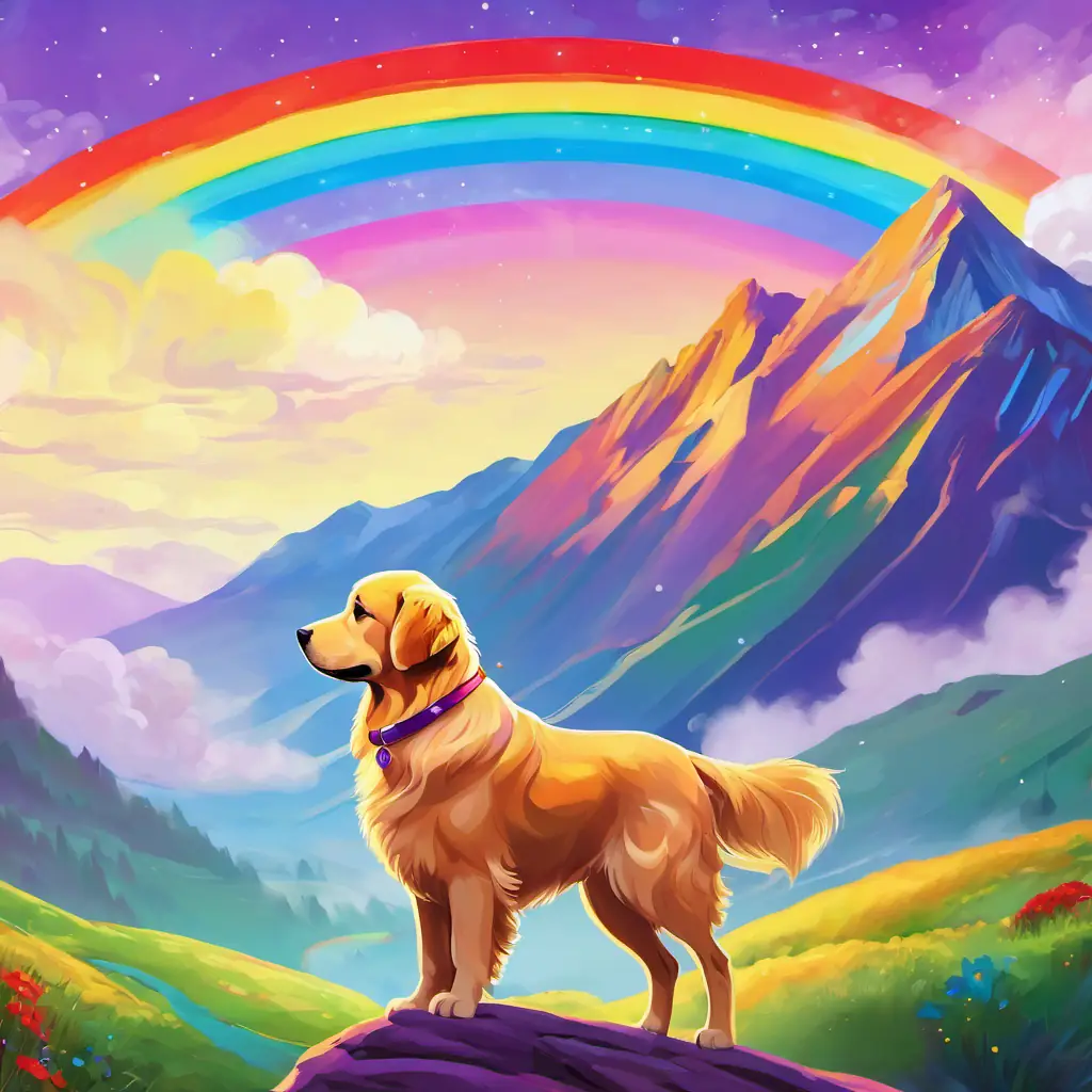 Golden retriever with brown spots, sparkling hazel eyes, and a red collar, standing on a mountaintop, looking at a vibrant rainbow, while a graceful unicorn with purple eyes stood waiting.