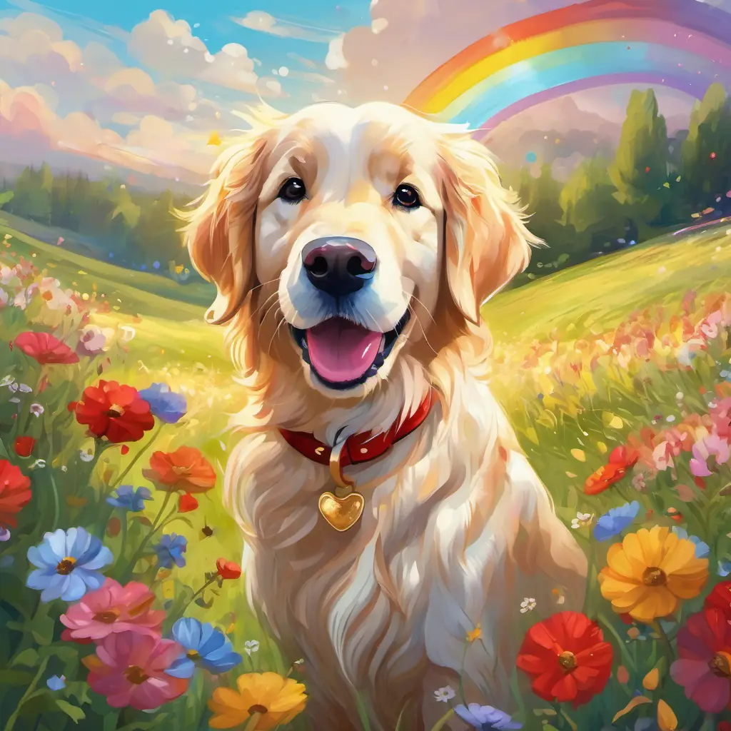 Golden retriever with brown spots, sparkling hazel eyes, and a red collar and the unicorn prancing in a meadow, surrounded by flowers and sparkling rainbows.