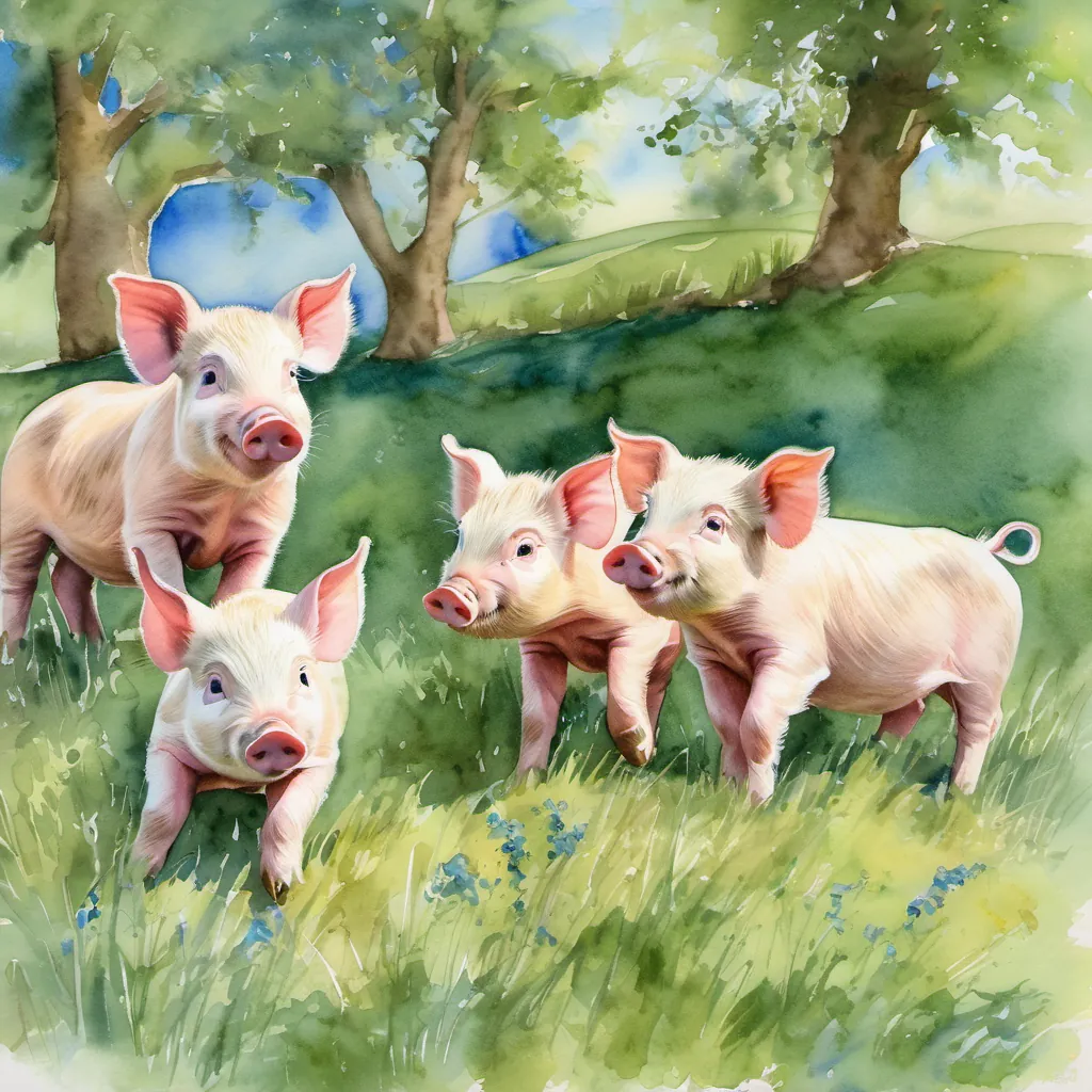 Three adorable piglets playing in a lush green meadow with a bright blue sky.