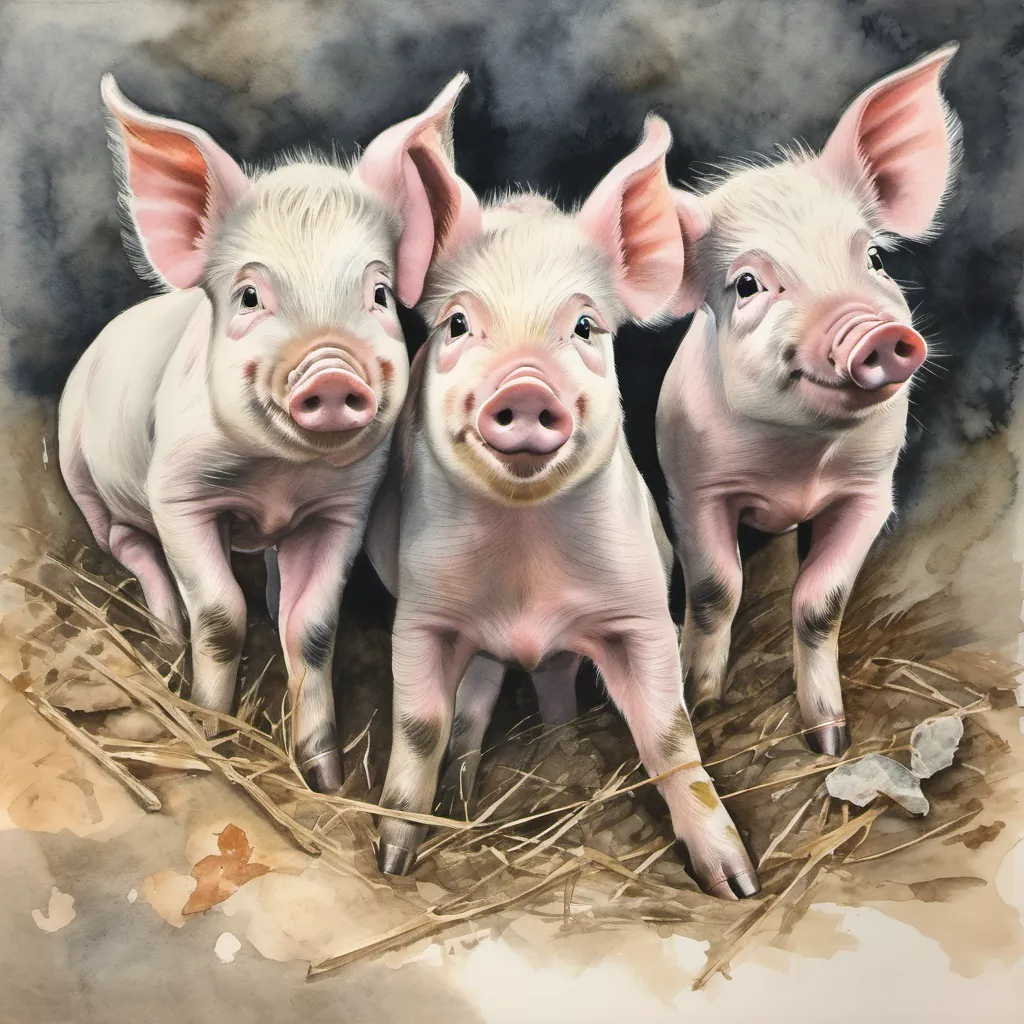 Three piglets: one small finding treasures, one medium playing tricks, and one large and wise.