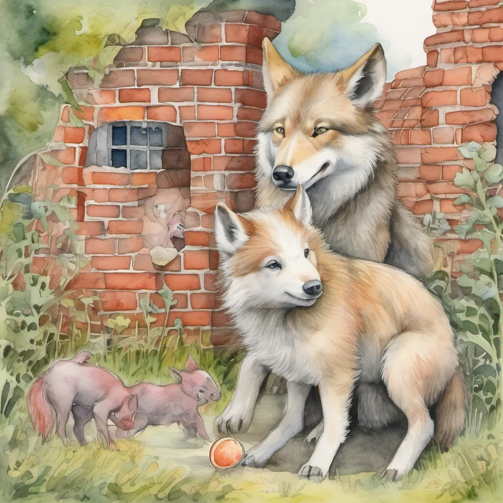 The wolf huffing and puffing, but A medium piglet playing tricks and having fun in the meadowpy's brick house standing firm.