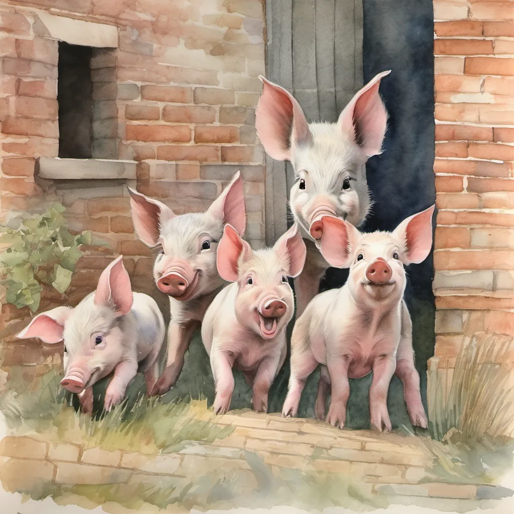 Three piglets cheering and chasing the wolf away, standing happy in front of a brick house.