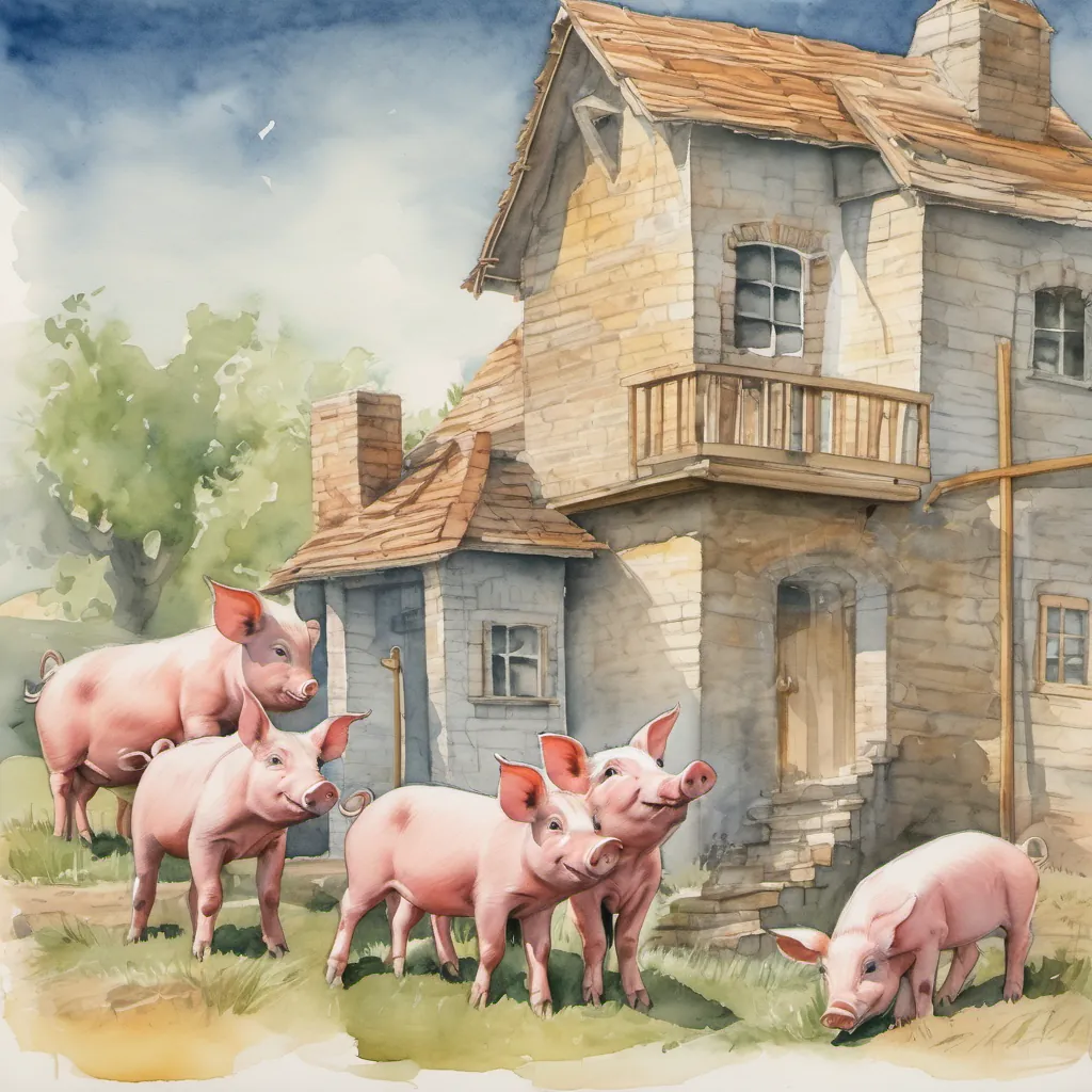 Piglets excitedly discussing building houses on a sunny day.