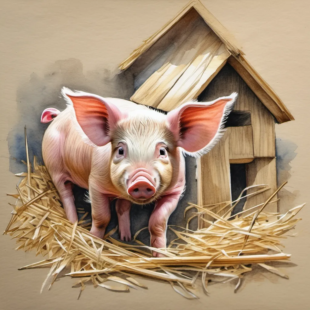 A small piglet building a house out of straw with swishing sounds.