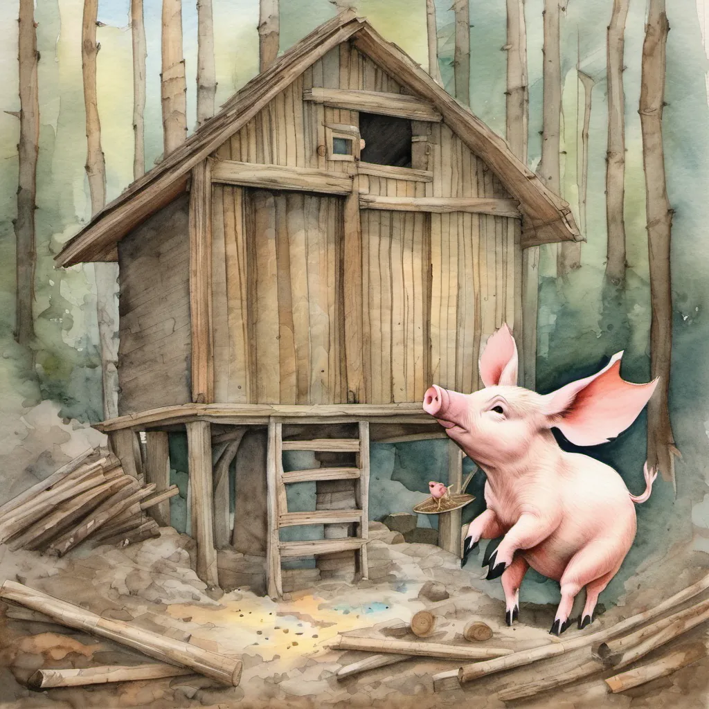 A medium piglet building a house out of sticks with snapping and crackling sounds.