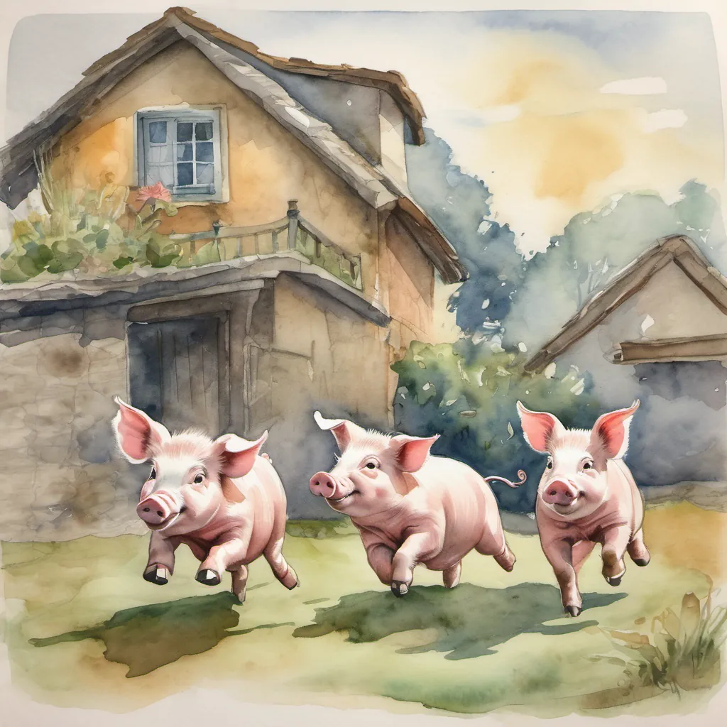 Three piglets dancing around cheerfully in front of their houses.