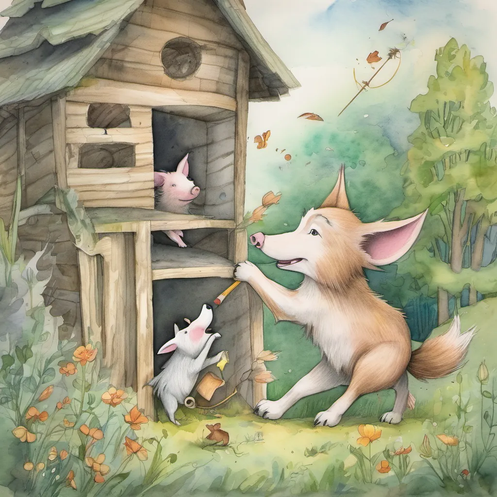 The wolf blowing and A medium piglet playing tricks and having fun in the meadow's stick house tumbling down with cracking and snapping sounds.