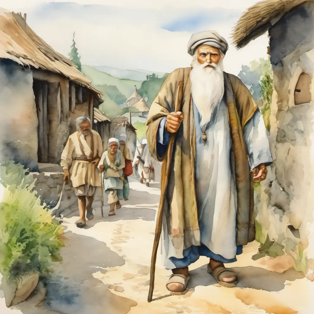 Weyikka is an old man with a long white beard, a kind-looking man with a long white beard, is walking through the village, talking to the villagers.