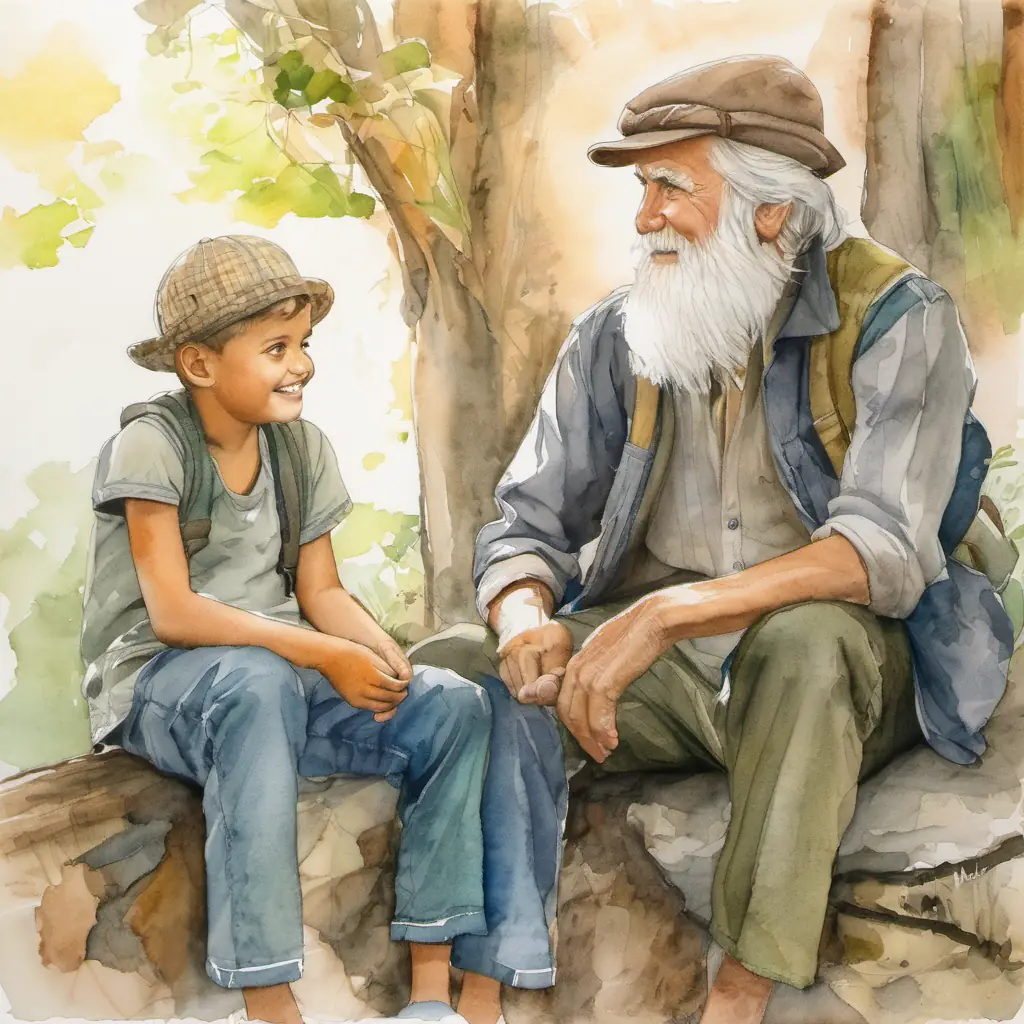 Weyikka is an old man with a long white beard is sitting with Tim is a young boy with a big smile, who looks sad. They are having a conversation.