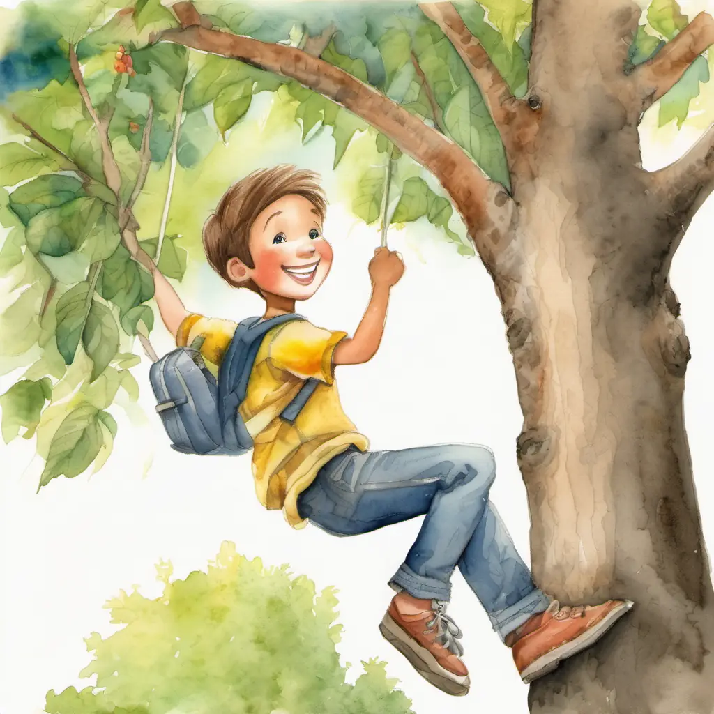 Tim is a young boy with a big smile is climbing a tall tree and his friends are cheering him on.