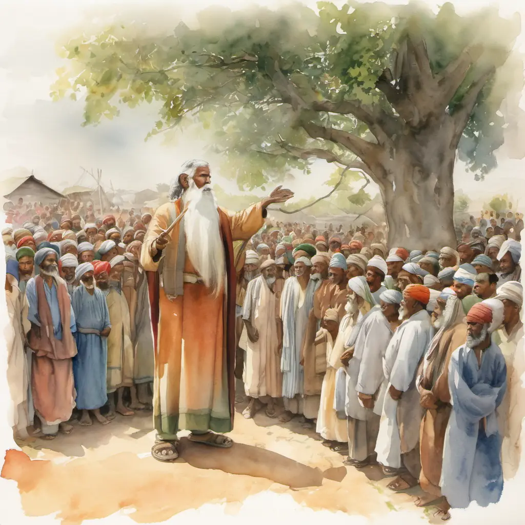 Weyikka is an old man with a long white beard is standing in front of a big crowd of villagers, sharing his teachings.