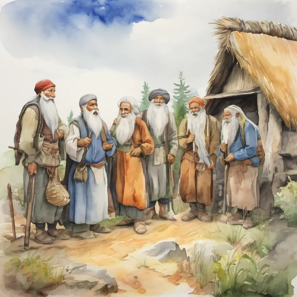 The villagers are gathered around Weyikka is an old man with a long white beard, smiling and thanking him.